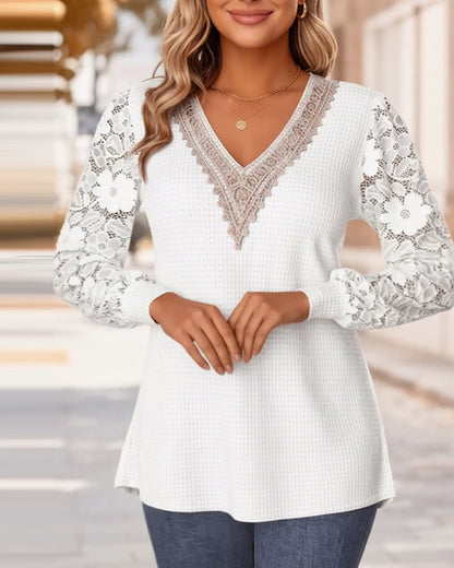 Alison | Women's Lace Sleeve V-Neck Long Sleeve T-Shirt