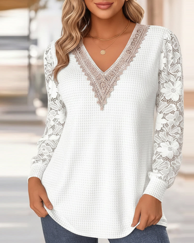 Alison | Women's Lace Sleeve V-Neck Long Sleeve T-Shirt