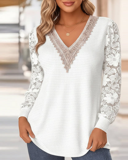 Alison | Women's Lace Sleeve V-Neck Long Sleeve T-Shirt