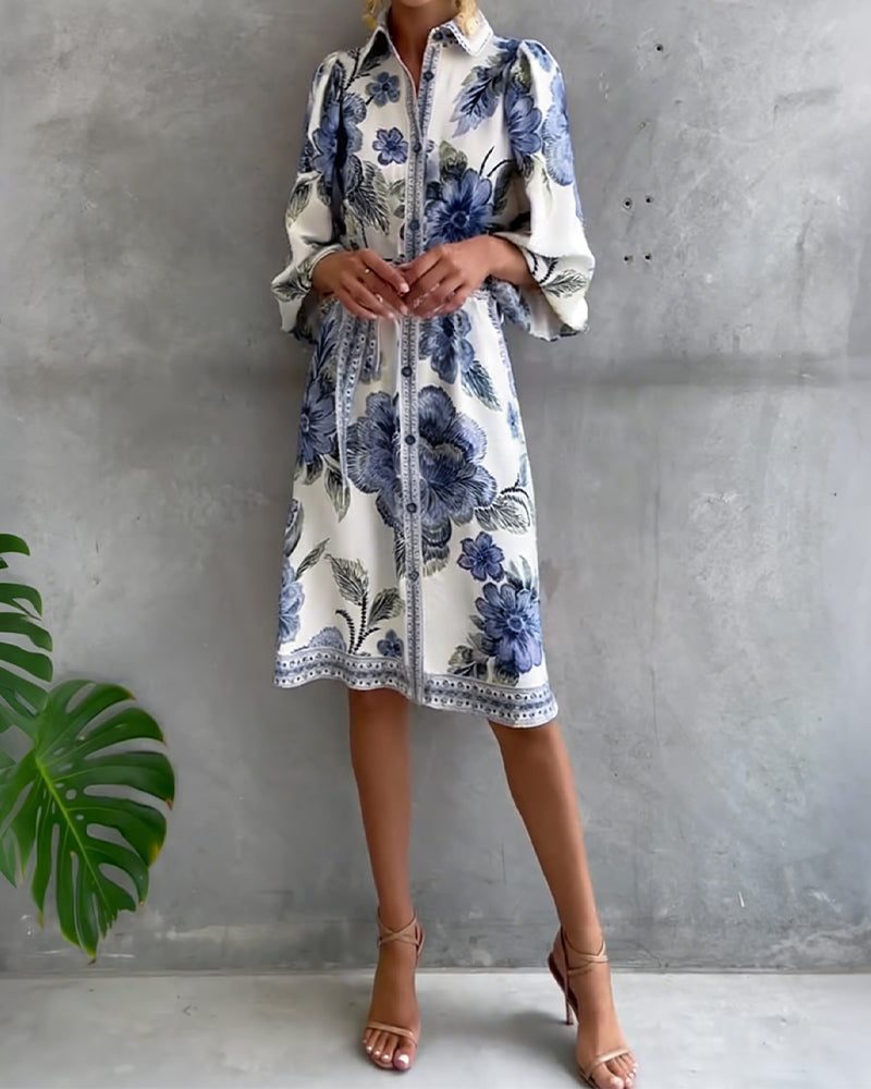 Dress French Lantern Sleeve Lapel Printed