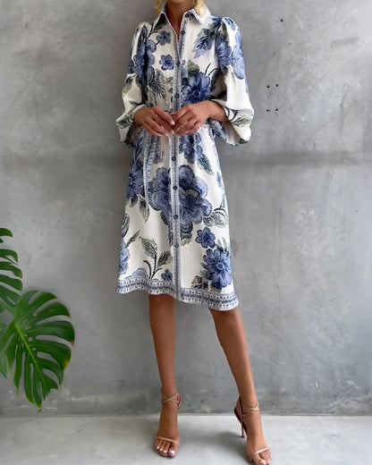 Dress French Lantern Sleeve Lapel Printed