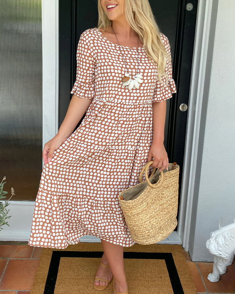 Midi Dress with Round Neck in Polka Dot Print