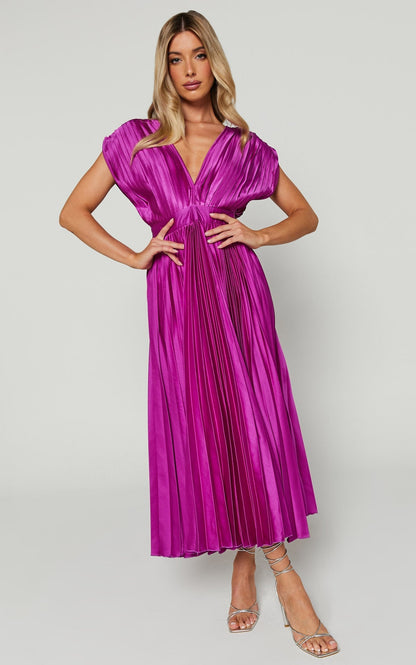 MADISYN - FLOWY V-NECK PLEATED SKIRT DRESS
