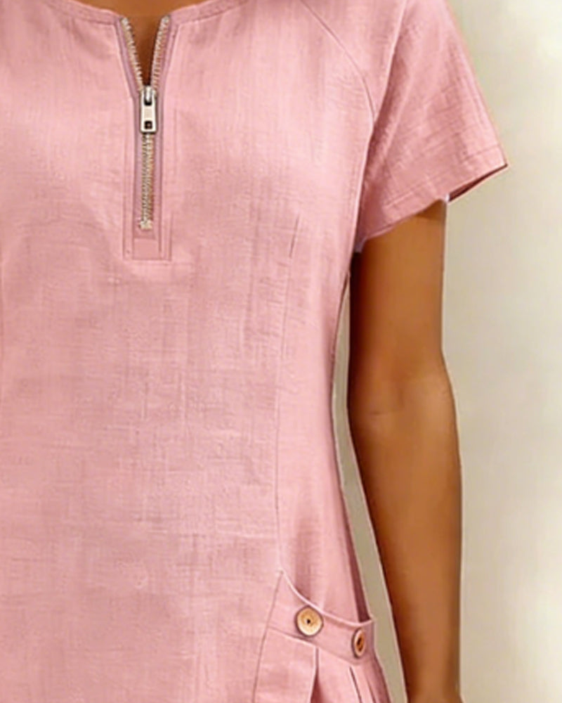 Remi | Women's Shift Dress Short Sleeve Zip Neck with Pockets