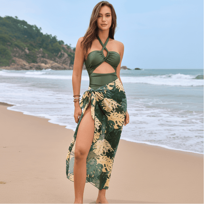 Hollow Out One Piece Monokini Swimsuit & Skirt Set