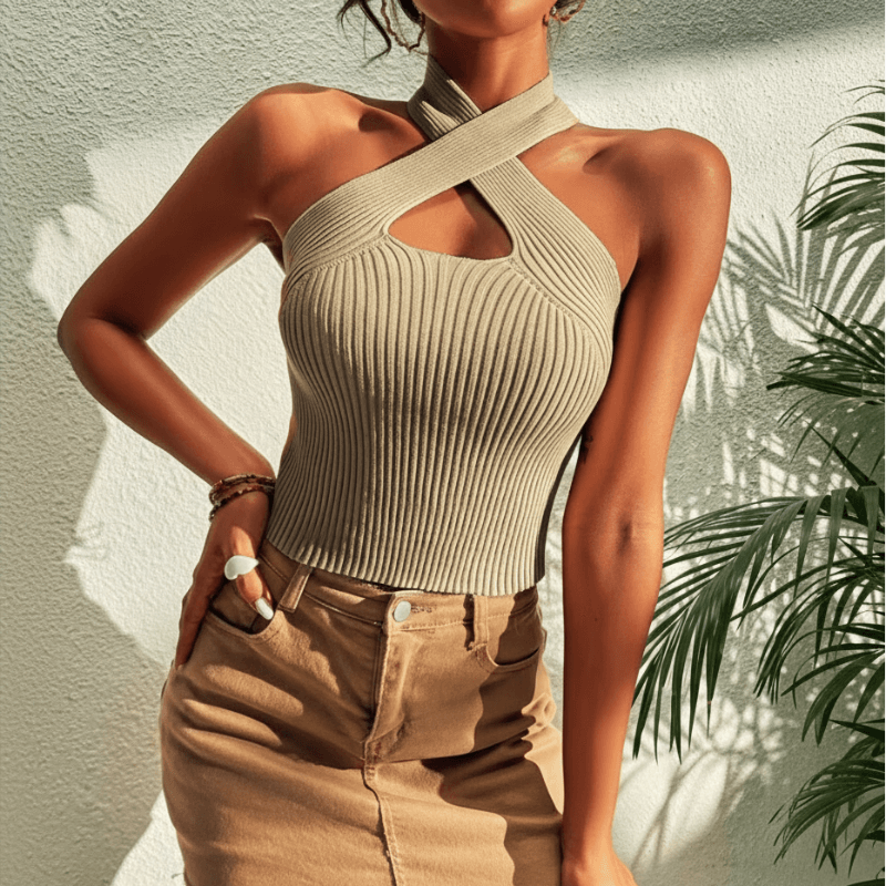 Criss Cross Halter Ribbed Crop Top