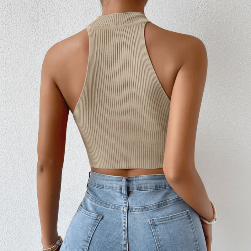 High Neck Ribbed Halter Crop Top