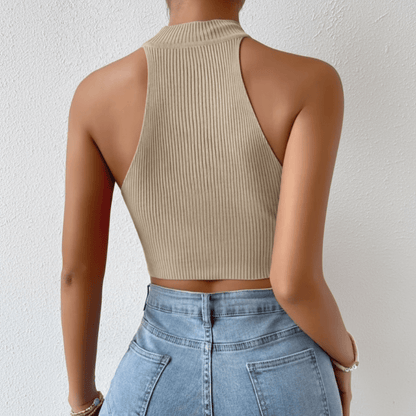 High Neck Ribbed Halter Crop Top