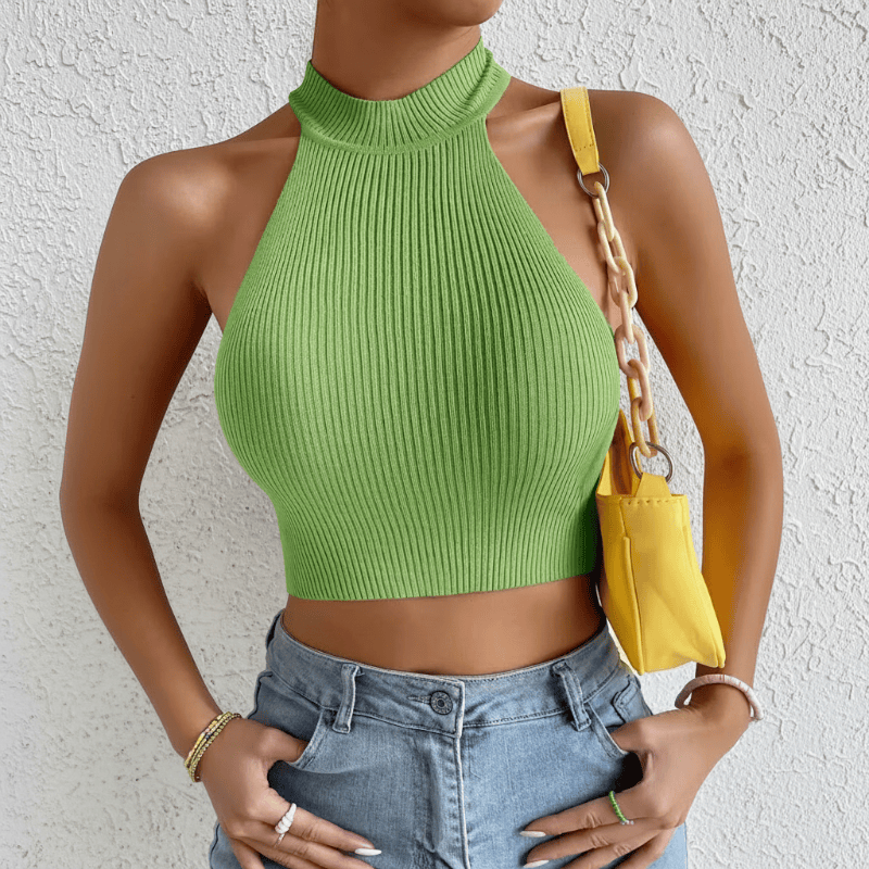 High Neck Ribbed Halter Crop Top
