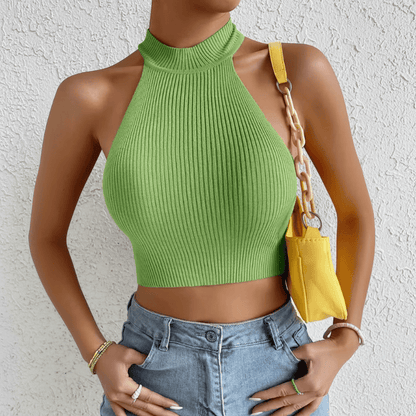High Neck Ribbed Halter Crop Top