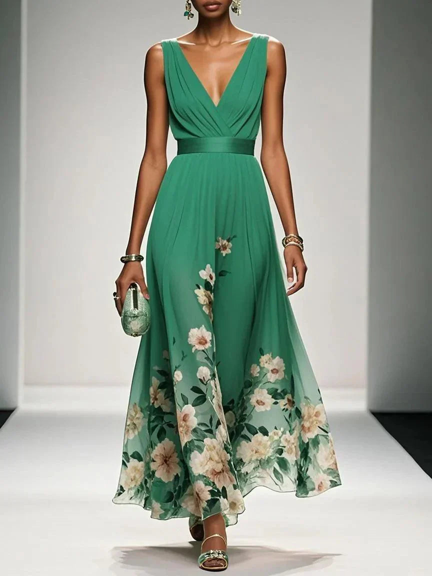 Elegant Light Blue Floral Chiffon V-Neck Sleeveless A-Line Maxi Dress