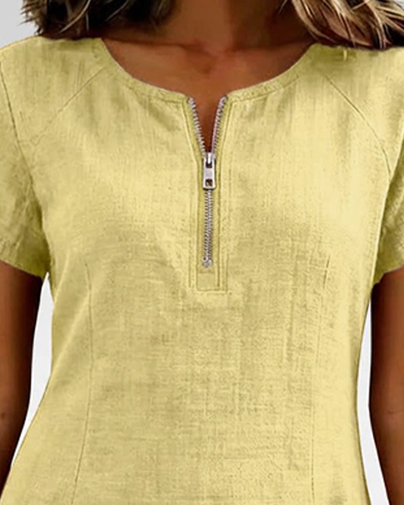Remi | Women's Shift Dress Short Sleeve Zip Neck with Pockets