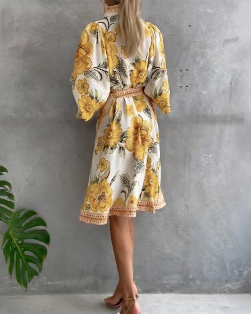 Dress French Lantern Sleeve Lapel Printed