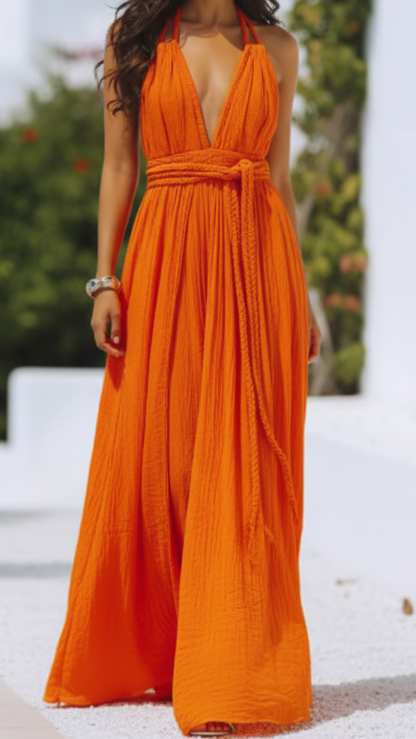 Isla | V Neck Halter Pleat Maxi Dress