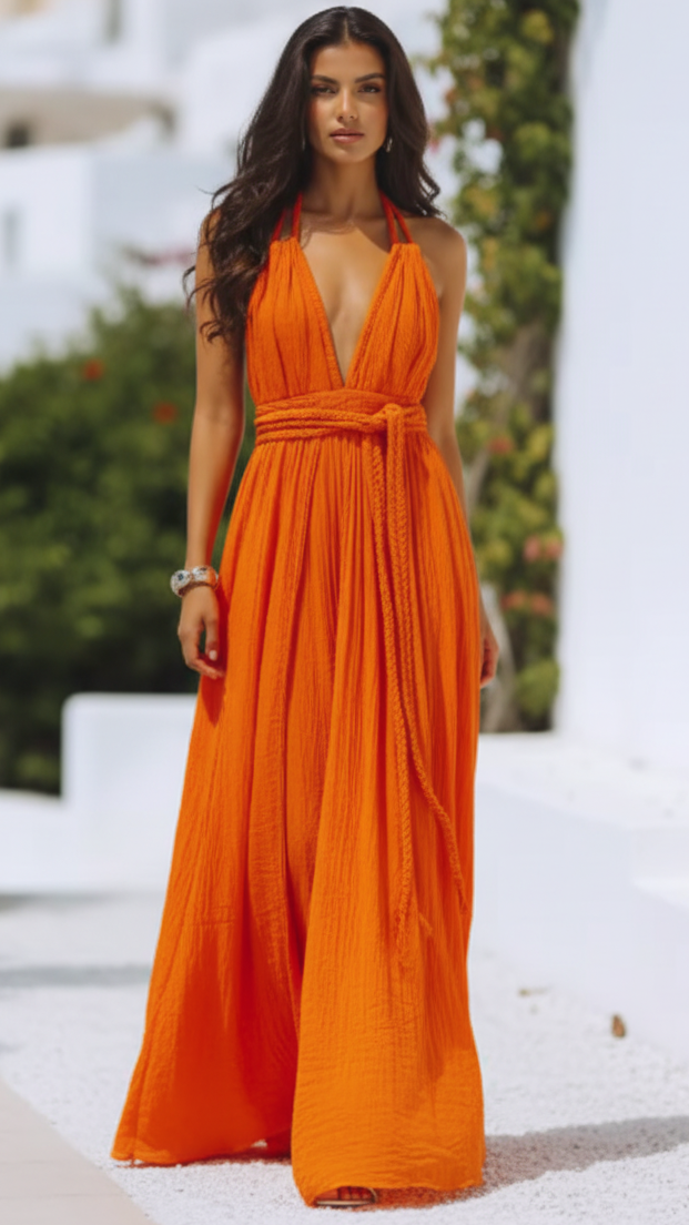 Isla | V Neck Halter Pleat Maxi Dress