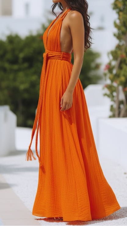 Isla | V Neck Halter Pleat Maxi Dress