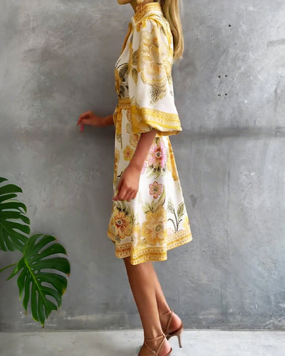Dress French Lantern Sleeve Lapel Printed
