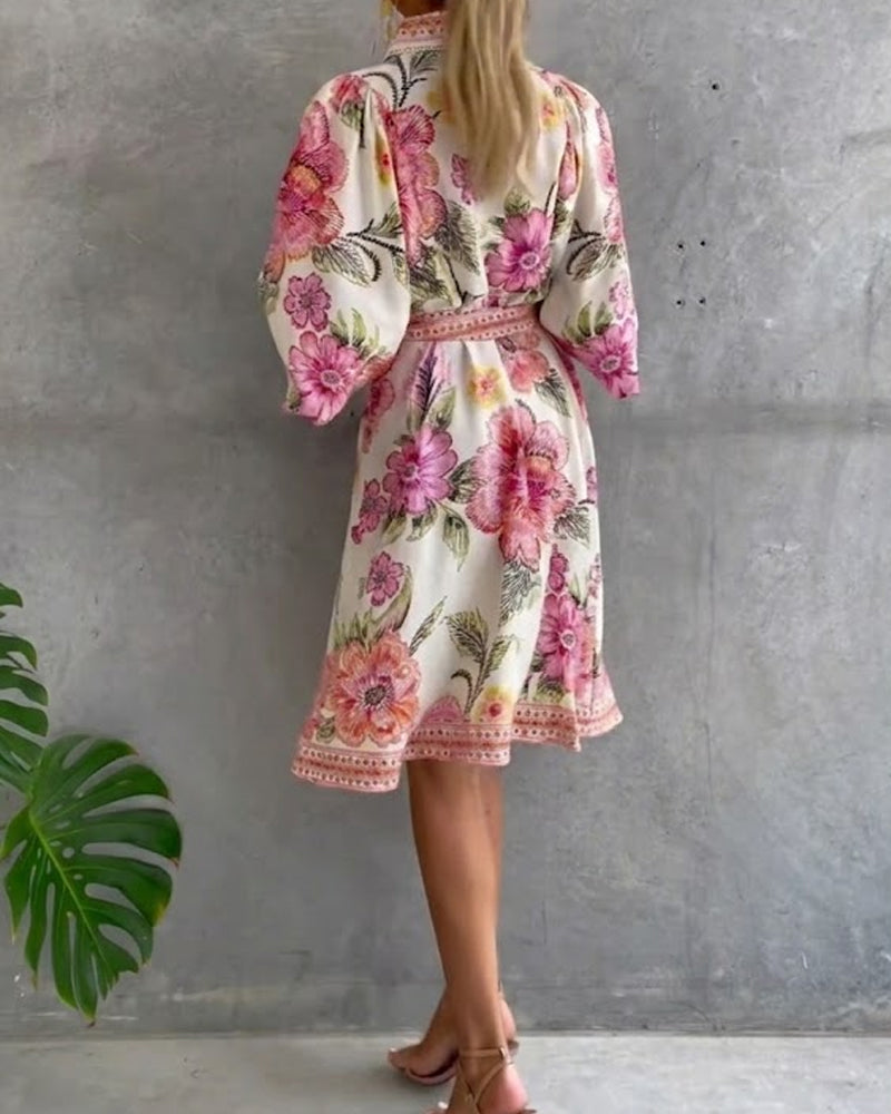 Dress French Lantern Sleeve Lapel Printed