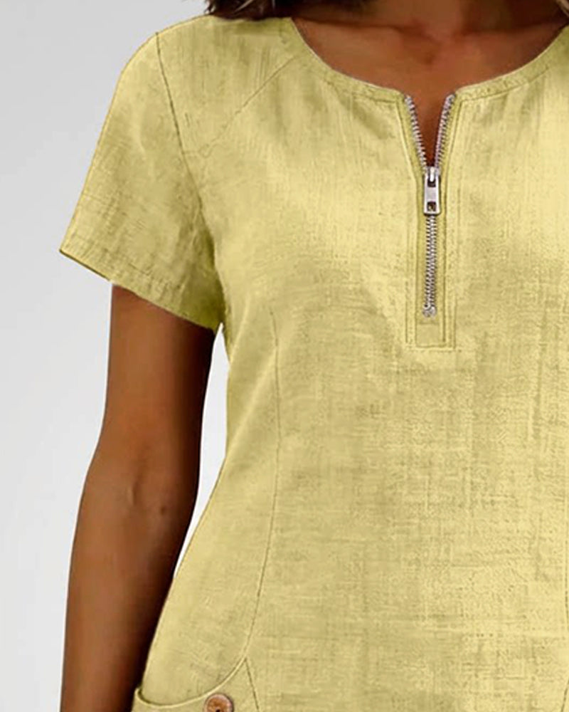 Remi | Women's Shift Dress Short Sleeve Zip Neck with Pockets