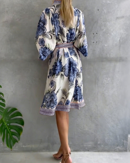 Dress French Lantern Sleeve Lapel Printed
