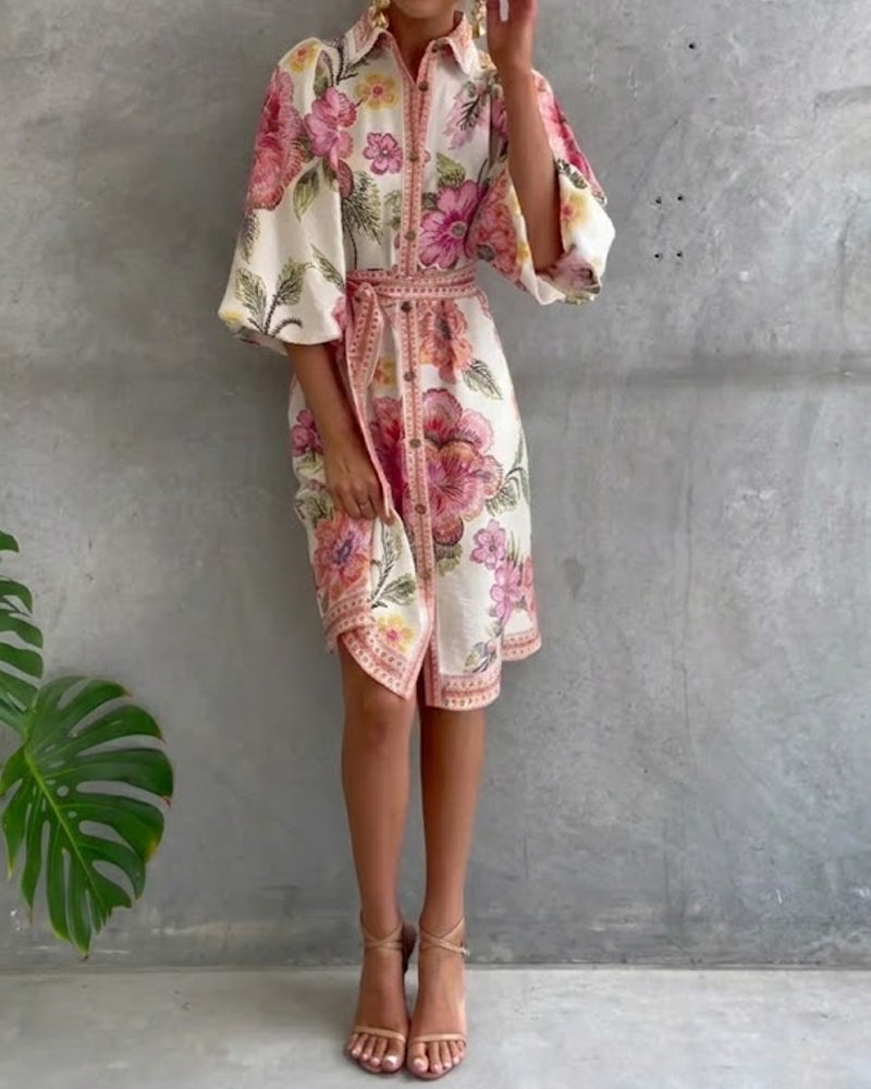 Dress French Lantern Sleeve Lapel Printed