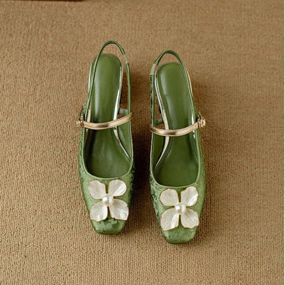 Florine | Women's Floral Slingback Pumps Square Toe Block Heel Shoes