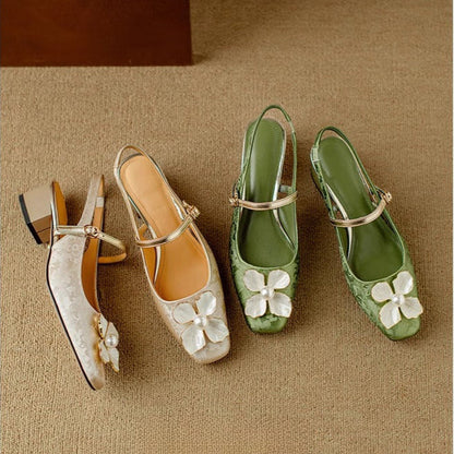 Florine | Women's Floral Slingback Pumps Square Toe Block Heel Shoes