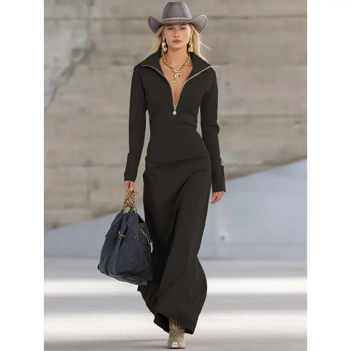 Casual Maxi Dress with Black Turtleneck and Zipper Design