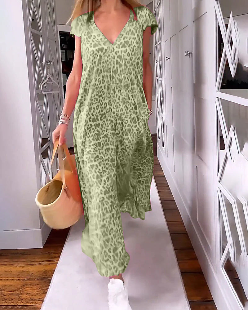 V-neck long dress with print and short sleeves