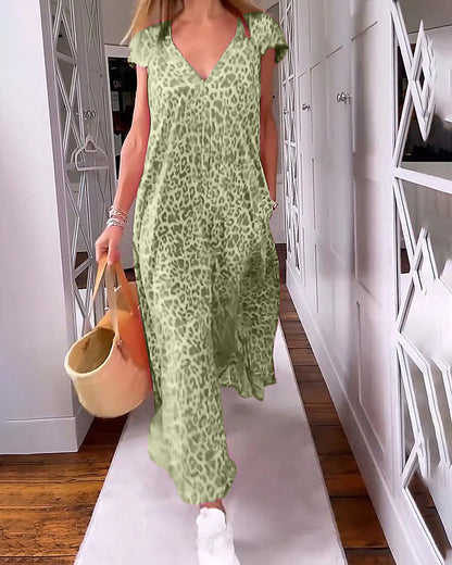 V-neck long dress with print and short sleeves