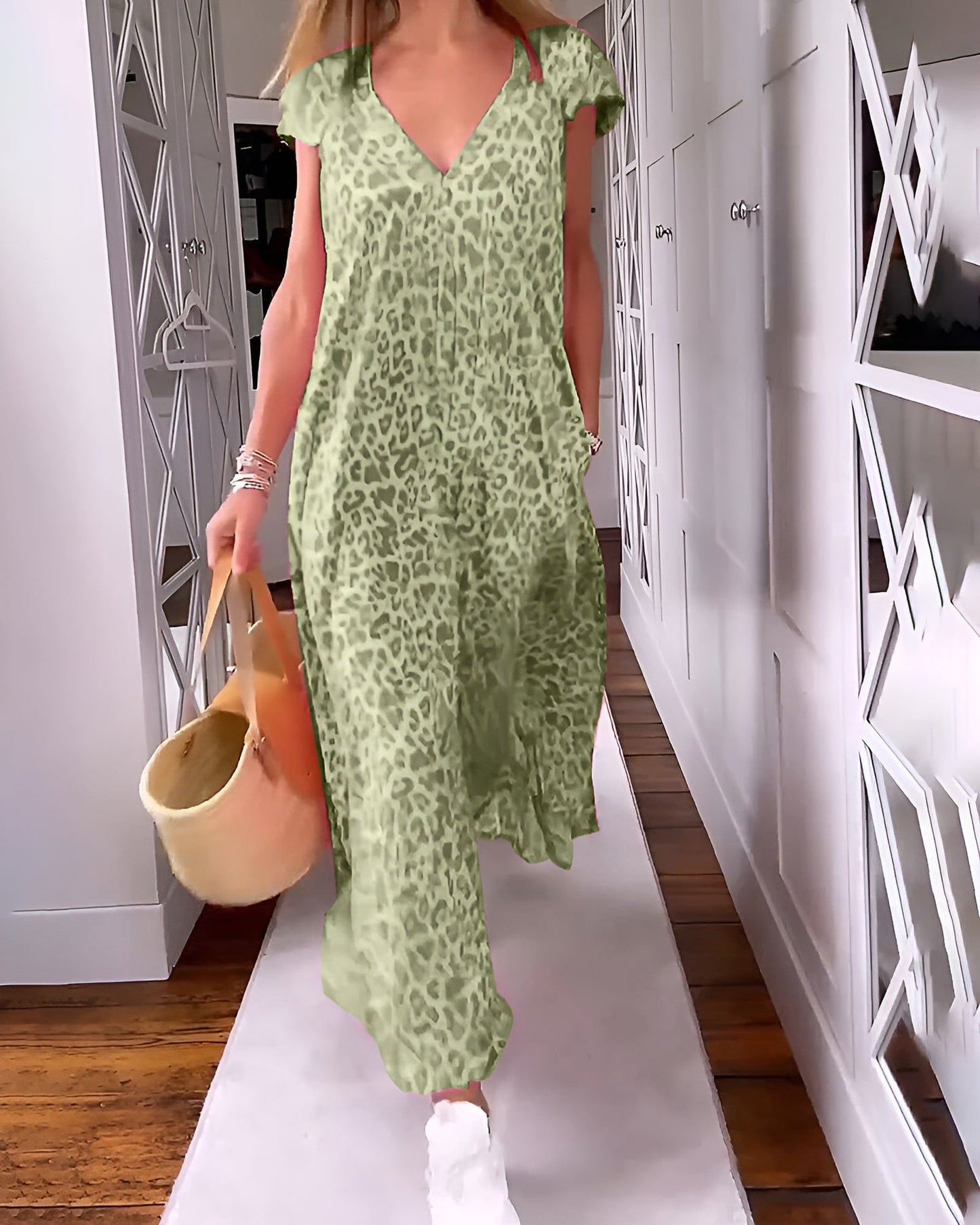 Blossom | Women's V Neck Loose Fit Short Sleeve Printed Long Dress Cocktail