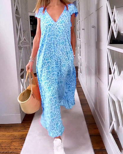 V-neck long dress with print and short sleeves