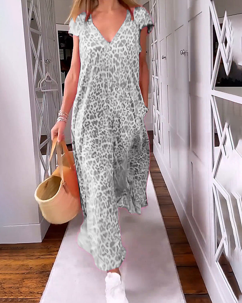 V-neck long dress with print and short sleeves