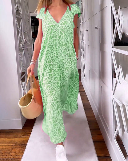 V-neck long dress with print and short sleeves
