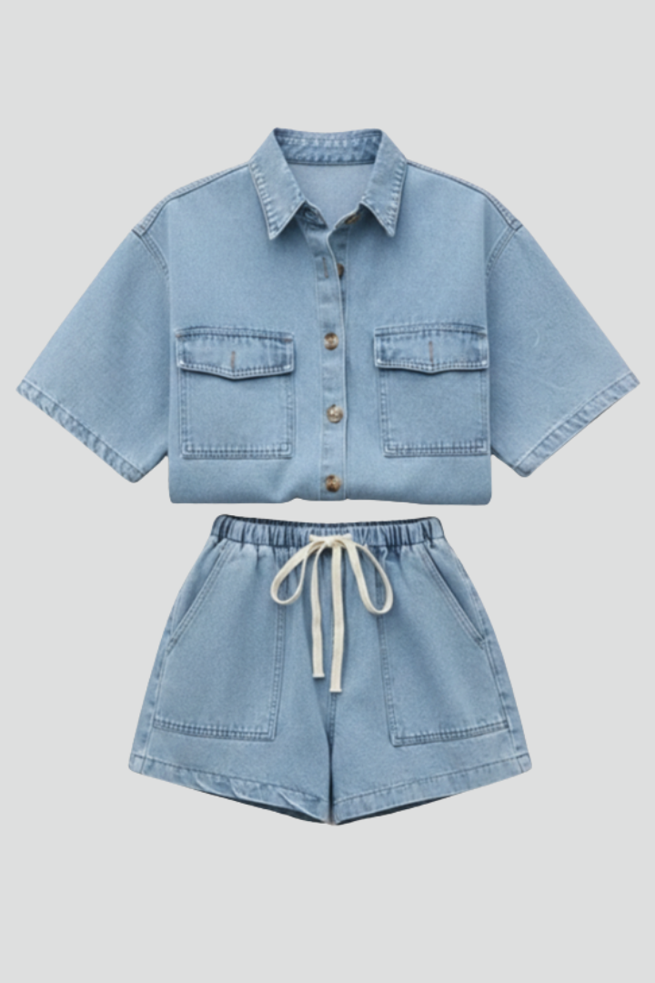 Solara | Women's Denim Short Sleeve Collared Set