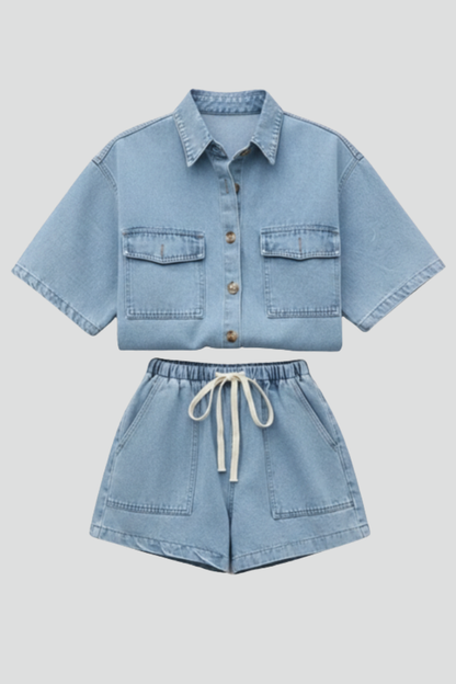 Solara | Women's Denim Short Sleeve Collared Set