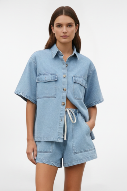 Solara | Women's Denim Short Sleeve Collared Set