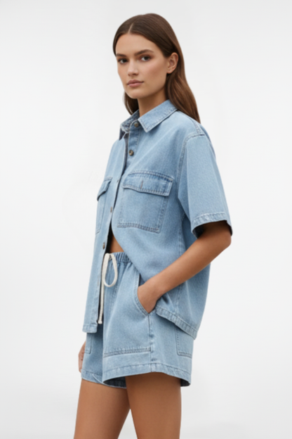 Solara | Women's Denim Short Sleeve Collared Set