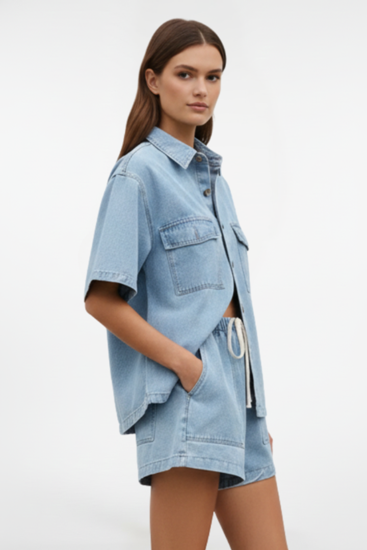 Solara | Women's Denim Short Sleeve Collared Set