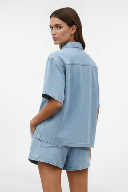 Solara | Women's Denim Short Sleeve Collared Set
