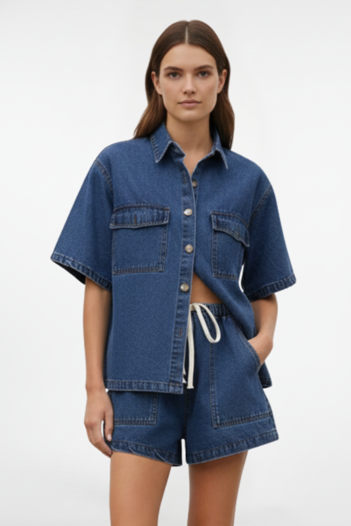 Solara | Women's Denim Short Sleeve Collared Set