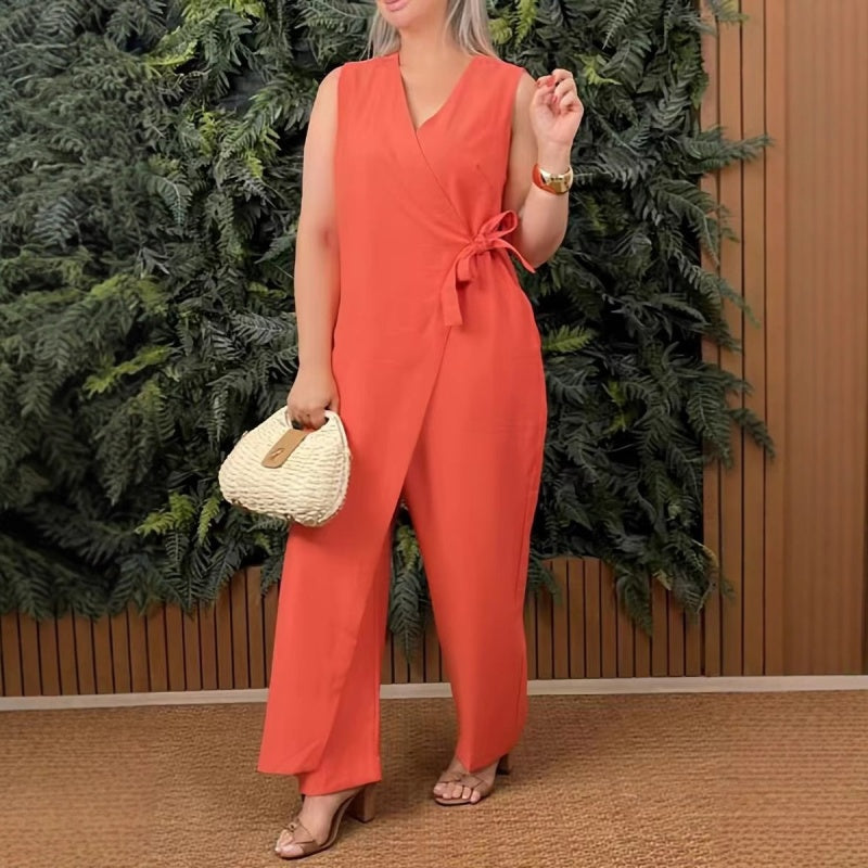 Noir | Women's Sleeveless Jumpsuit Wrap V-Neck Tie Waist Casual