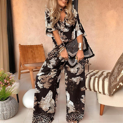 Amber™ | Printed V-Neck Top & Long Pants Set