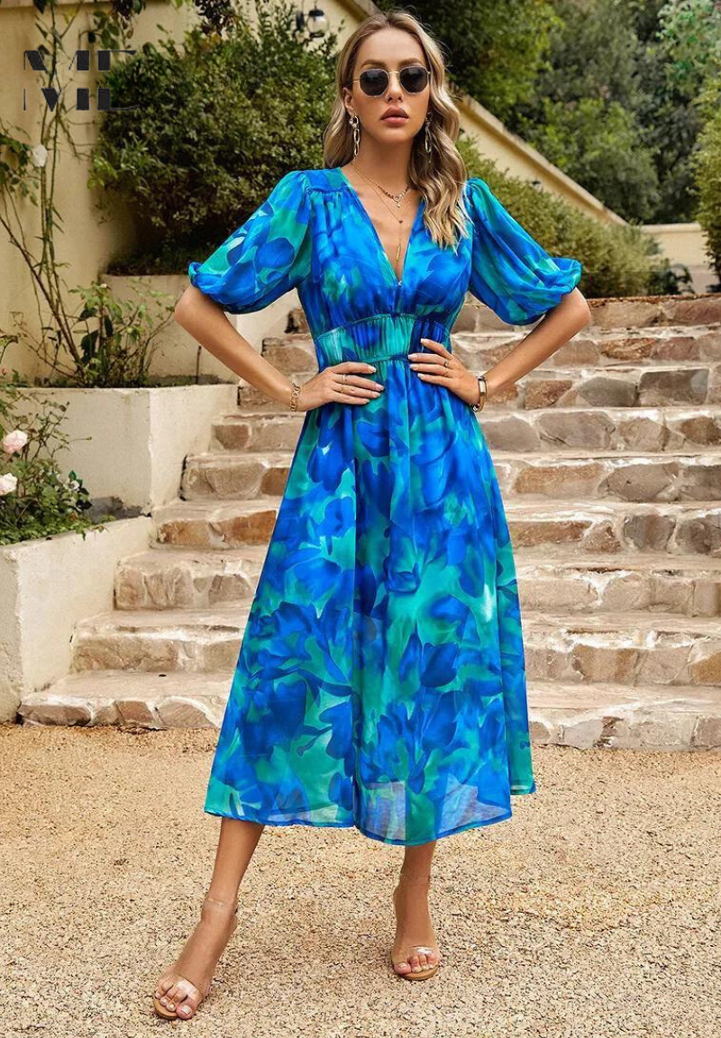 Theresa | Women's V-Neck A-Line Midi Dress