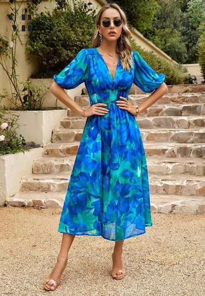 Theresa | Women's V-Neck A-Line Midi Dress