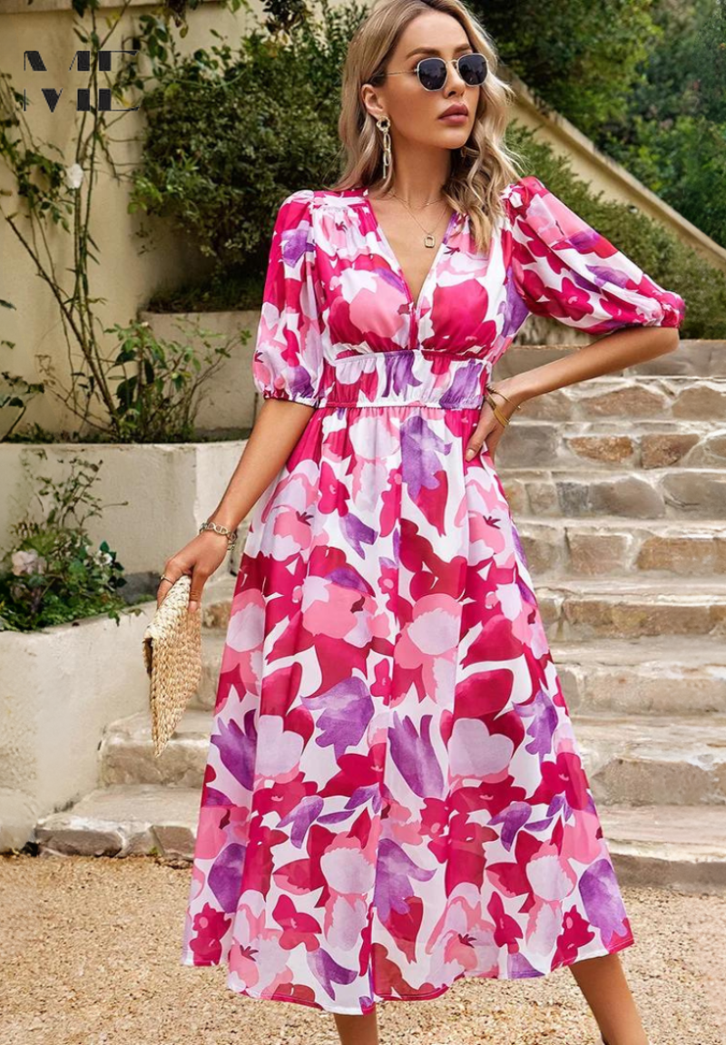Theresa | Women's V-Neck A-Line Midi Dress