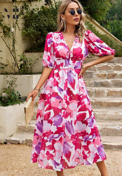 Theresa | Women's V-Neck A-Line Midi Dress