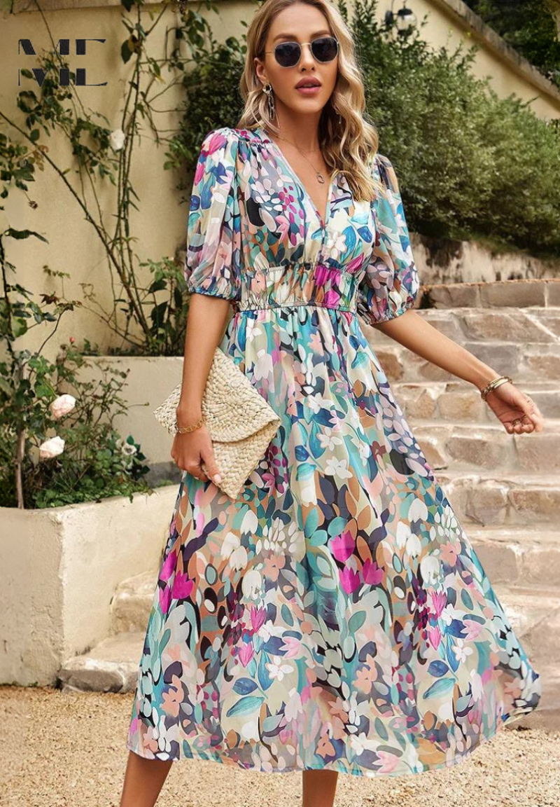 Theresa | Women's V-Neck A-Line Midi Dress