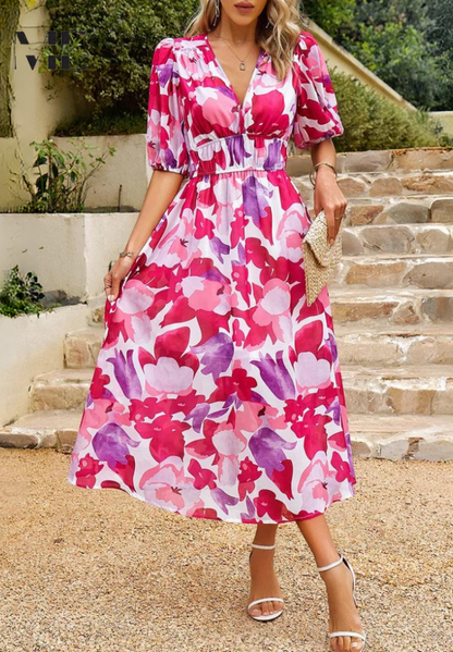 Theresa | Women's V-Neck A-Line Midi Dress